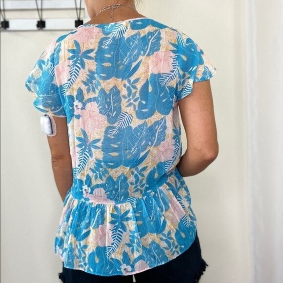 Modcloth Blue Floral Ruffle Blouse Size Small - Picture 3 of 9
